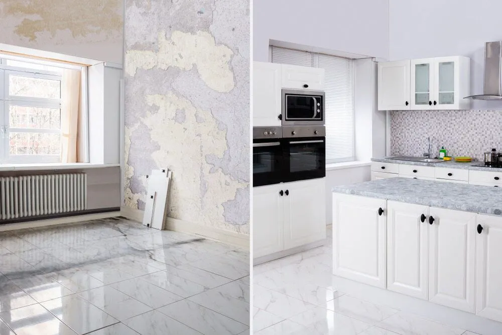 A Before and After Photo of a Kitchen Being Remodeled — Ozi Construction Pty Ltd in Chatswood, NSW